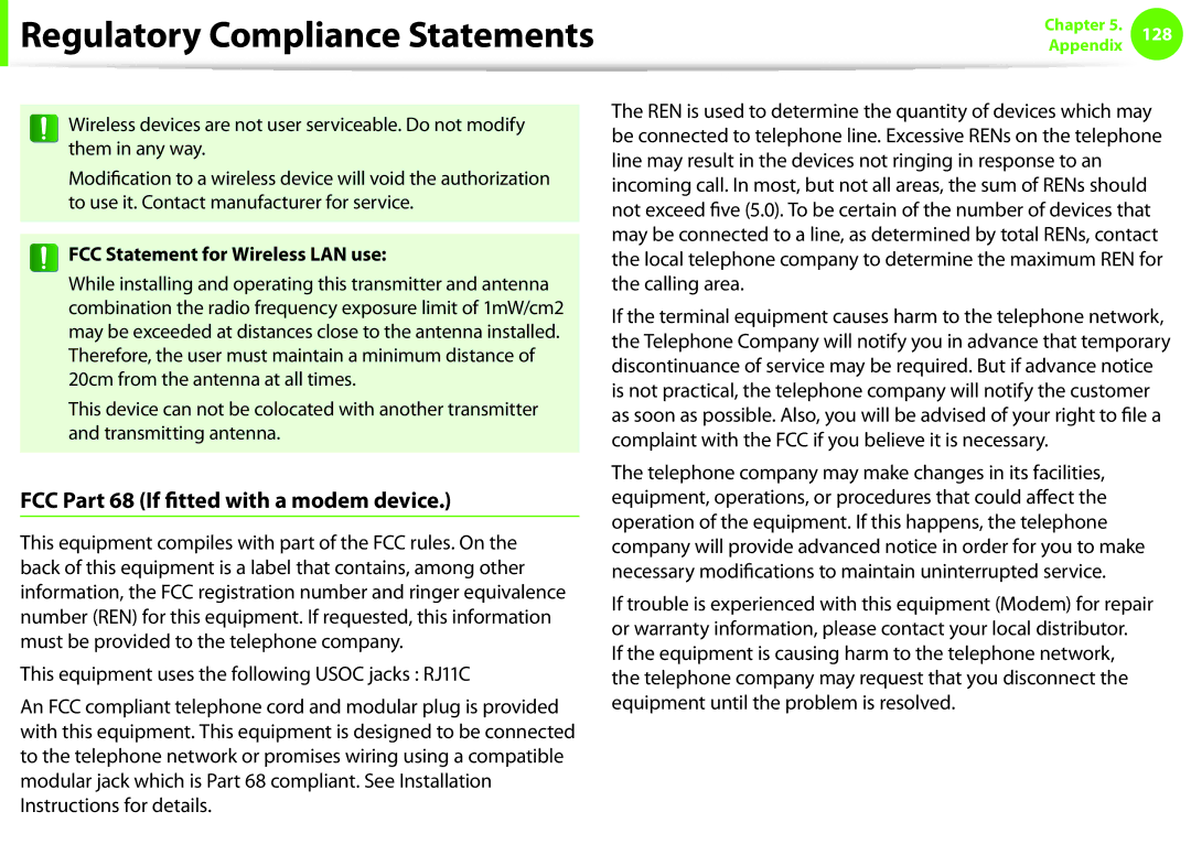 Samsung NP-Q530-JT01PL, NP-Q330-JS01DE manual FCC Part 68 If fitted with a modem device, FCC Statement for Wireless LAN use 