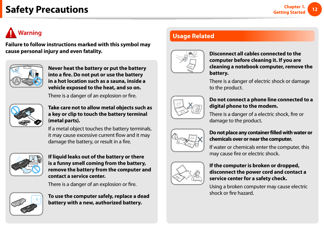 Samsung NP-Q530-JS01FR, NP-Q330-JS01DE, NP-Q330-JS04DE manual Usage Related, There is a danger of an explosion or fire 