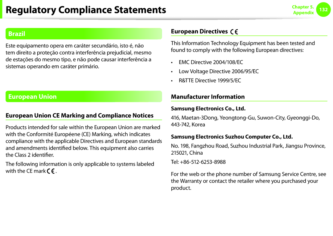 Samsung NP-Q330-JS03IL, NP-Q330-JS01DE Brazil, European Directives, European Union CE Marking and Compliance Notices 