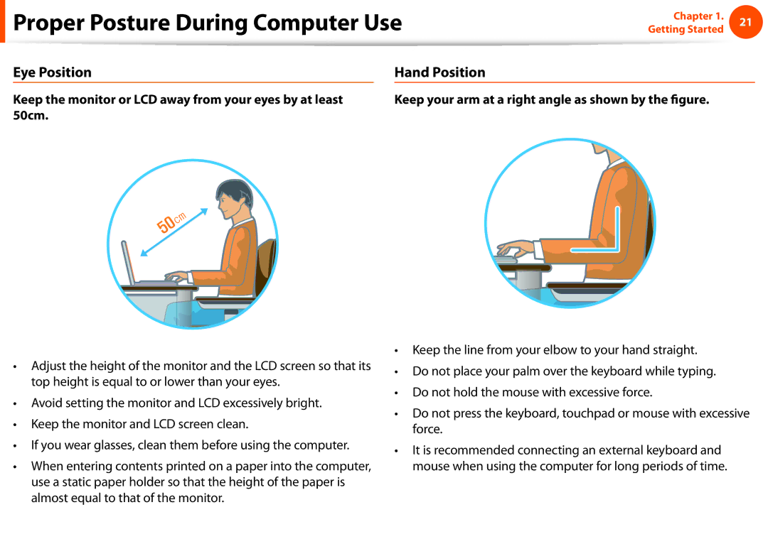 Samsung NP-Q330-JS03CZ, NP-Q330-JS01DE, NP-Q330-JS04DE manual Proper Posture During Computer Use, Eye Position, Hand Position 