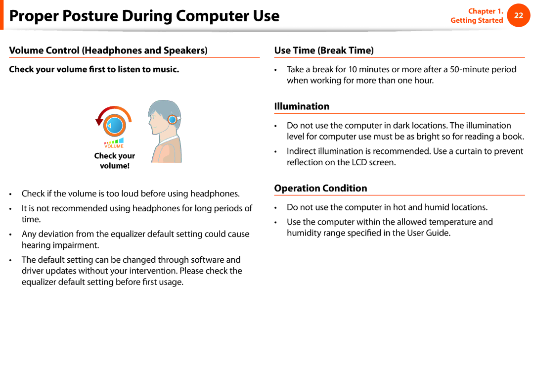 Samsung NP-Q330-JS01CZ Volume Control Headphones and Speakers, Illumination, Operation Condition, Use Time Break Time 