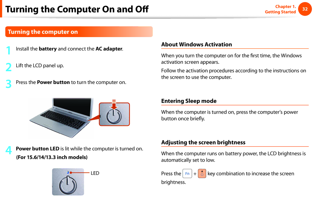 Samsung NP-Q530-JT02SE, NP-Q330-JS01DE Turning the Computer On and Off, Turning the computer on, About Windows Activation 