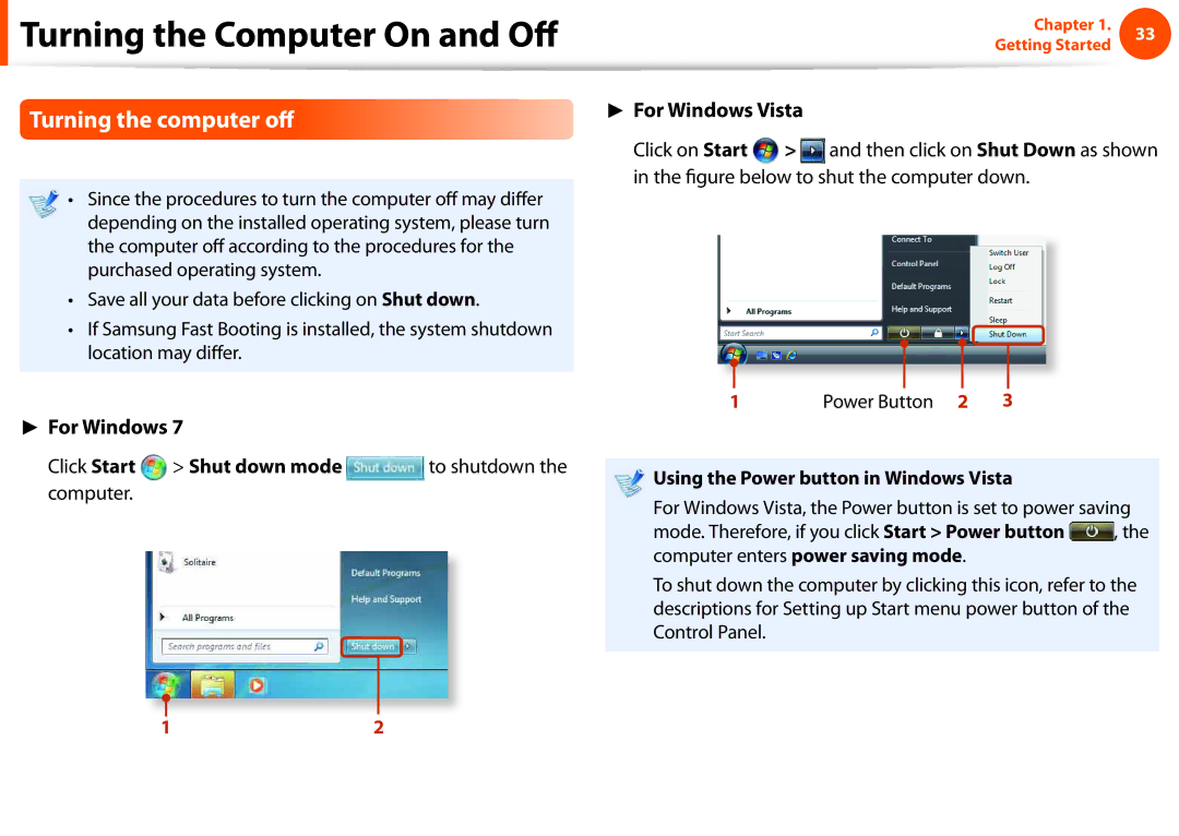 Samsung NP-Q330-JS02SE manual Turning the computer off, For Windows Vista, Using the Power button in Windows Vista 