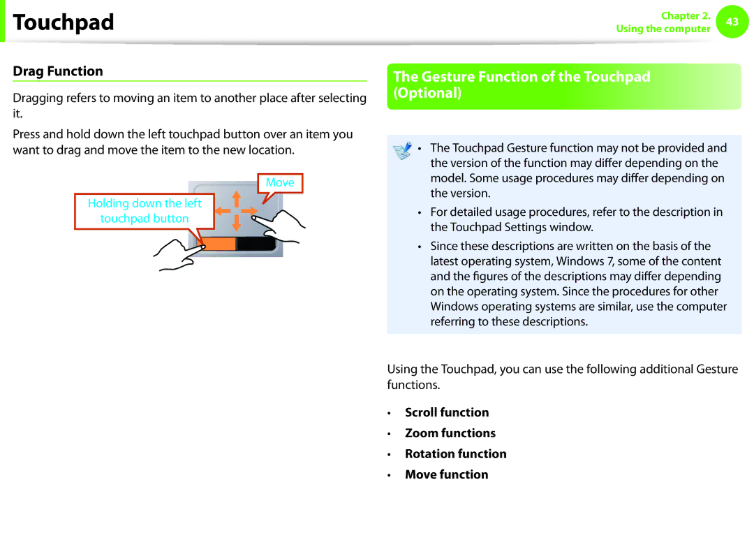 Samsung NP-Q430-JU01RU, NP-Q330-JS01DE, NP-Q330-JS04DE manual Gesture Function of the Touchpad Optional, Drag Function 