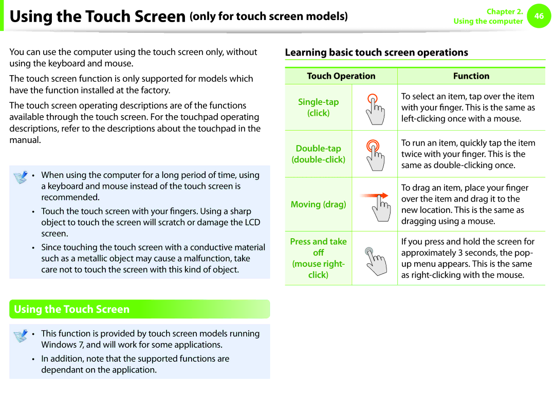 Samsung NP-Q330-JS01RU manual Using the Touch Screen, Learning basic touch screen operations, Touch Operation Function 