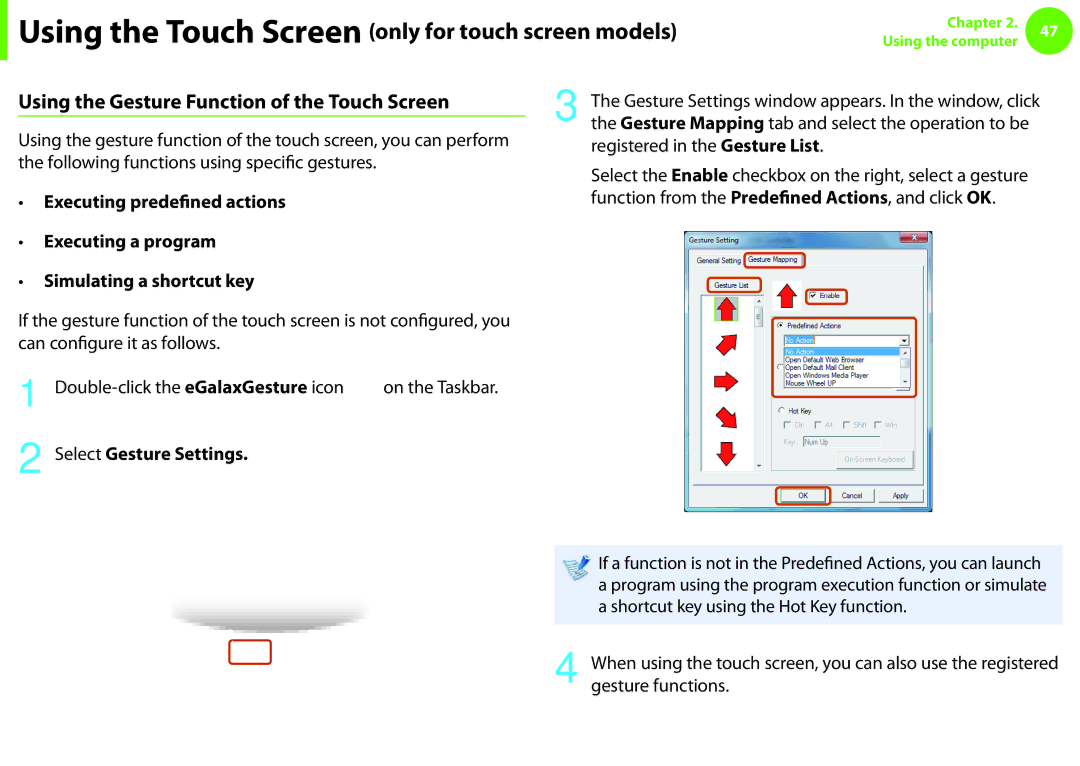 Samsung NP-Q530-JA01RU, NP-Q330-JS01DE manual Using the Gesture Function of the Touch Screen, Executing predefined actions 