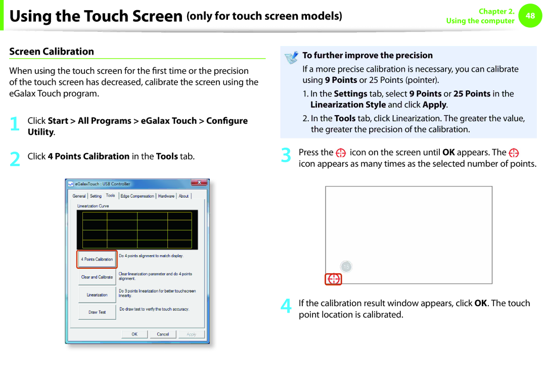 Samsung NP-Q330-JS02RU, NP-Q330-JS01DE, NP-Q330-JS04DE manual Screen Calibration, To further improve the precision, Utility 