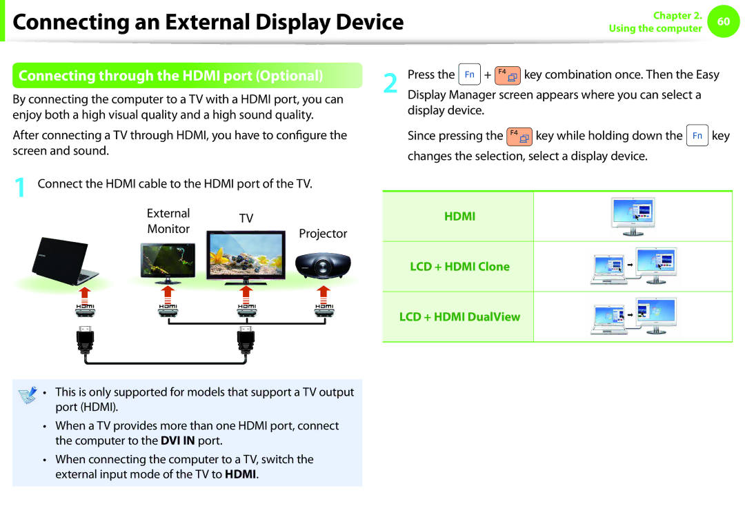 Samsung NP-Q330-JS04HU, NP-Q330-JS01DE, NP-Q330-JS04DE manual Connecting through the Hdmi port Optional, Monitor Projector 