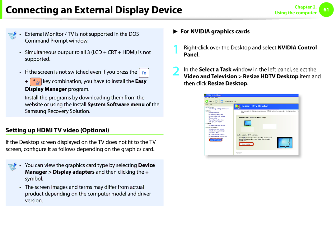 Samsung NP-Q530-JT01PL Setting up Hdmi TV video Optional, For Nvidia graphics cards, Panel, Then click Resize Desktop 