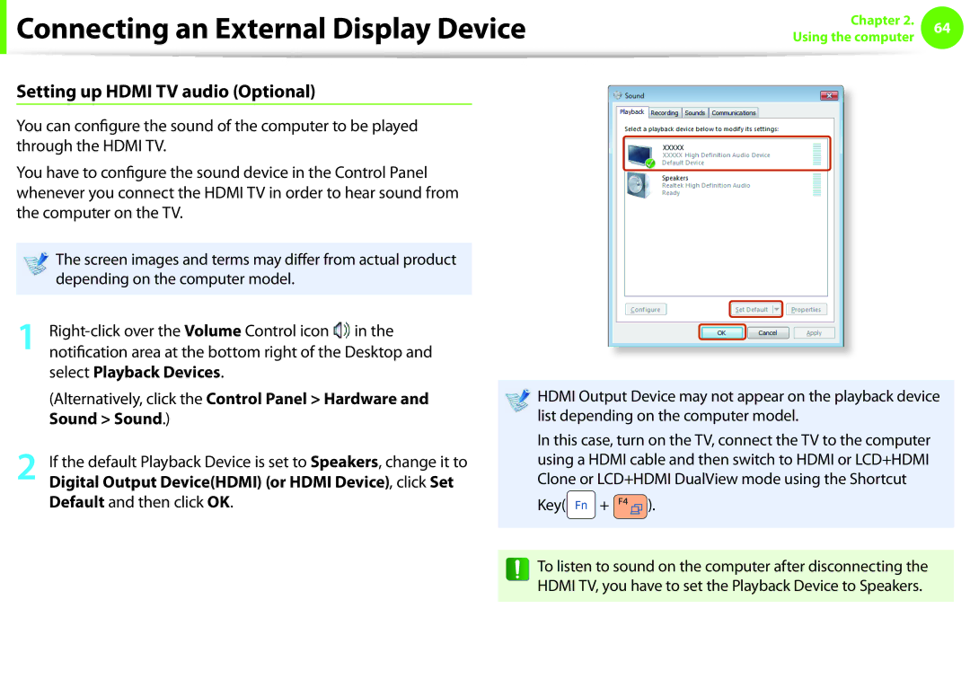 Samsung NP-Q330-JA02IL, NP-Q330-JS01DE manual Setting up Hdmi TV audio Optional, Select Playback Devices, Sound Sound 