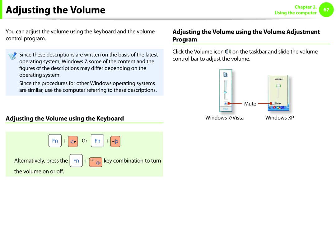 Samsung NP-Q330-JS04DE, NP-Q330-JS01DE, NP-Q330-JS01AT, NP-Q330-JS03DE manual Adjusting the Volume using the Keyboard 