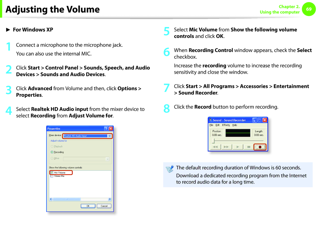 Samsung NP-Q330-JS03DE, NP-Q330-JS01DE Devices Sounds and Audio Devices, Properties, Controls and click OK, Sound Recorder 