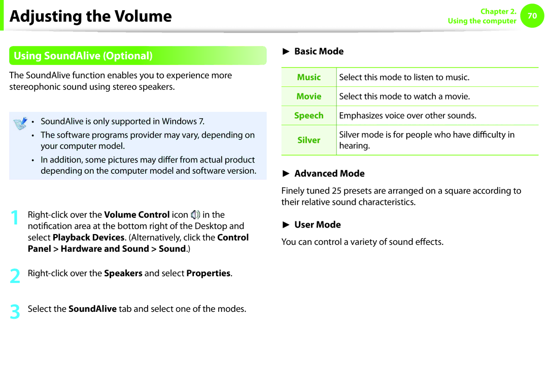 Samsung NP-Q330-JS02TR, NP-Q330-JS01DE, NP-Q330-JS04DE manual Using SoundAlive Optional, Basic Mode, Advanced Mode, User Mode 