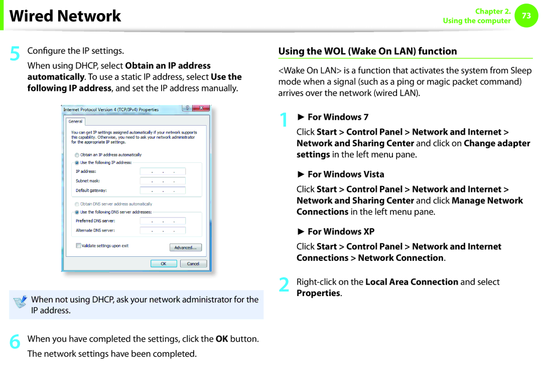 Samsung NP-Q530-JS01DE Using the WOL Wake On LAN function, Configure the IP settings, Network settings have been completed 