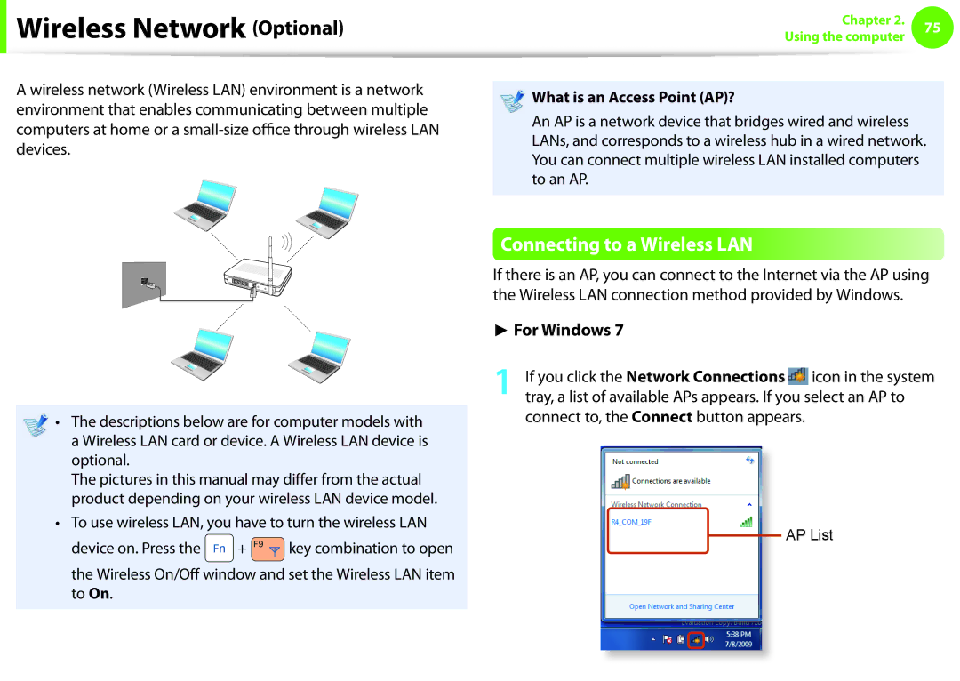 Samsung NP-Q330-JS02DE manual Wireless Network Optional, Connecting to a Wireless LAN, What is an Access Point AP? 