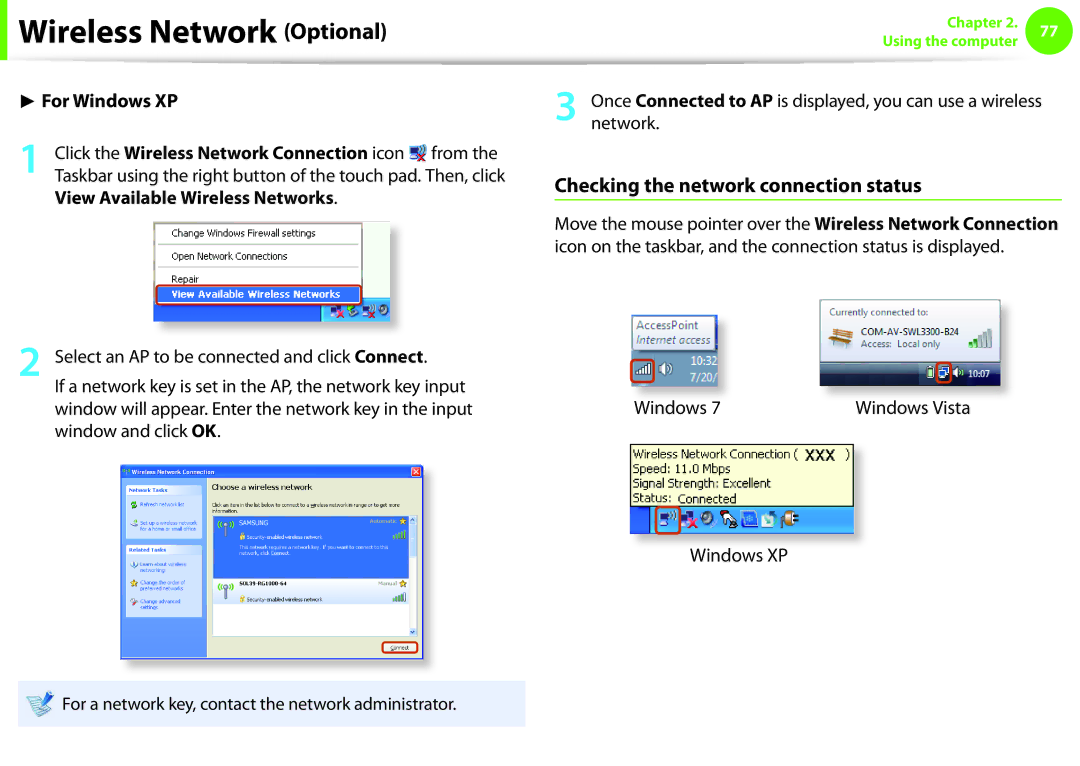 Samsung NP-Q330-JS04FR manual Checking the network connection status, Click the Wireless Network Connection icon from 