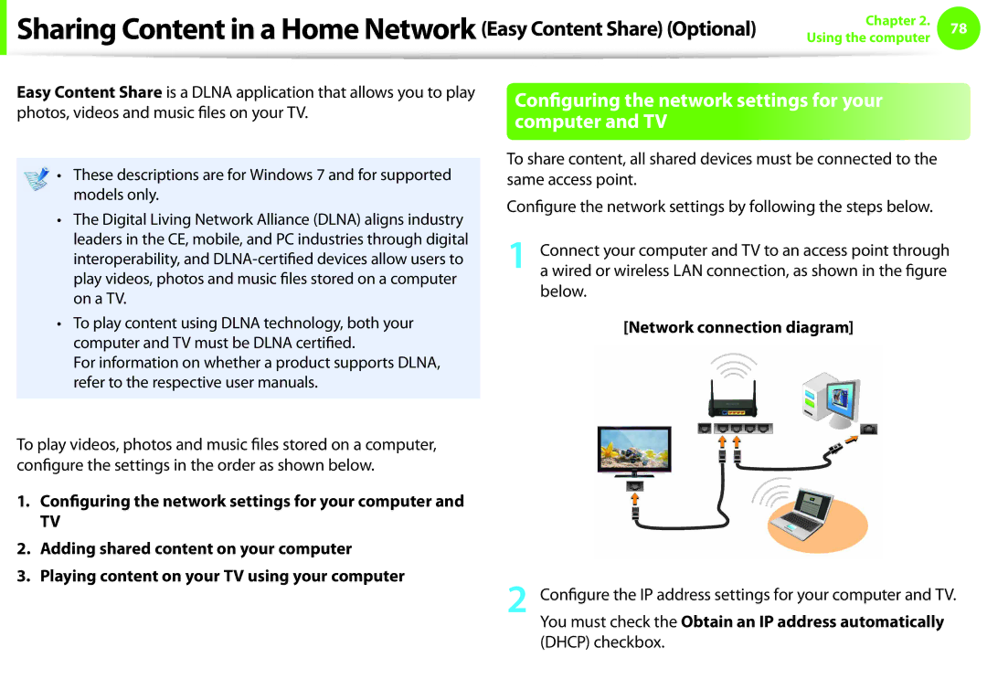 Samsung NP-Q330-JS03FR manual Configuring the network settings for your computer and TV, Network connection diagram 