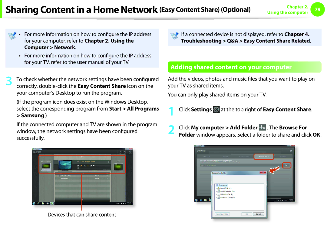 Samsung NP-Q530-JS01FR manual Adding shared content on your computer, Click My computer Add Folder . The Browse For 
