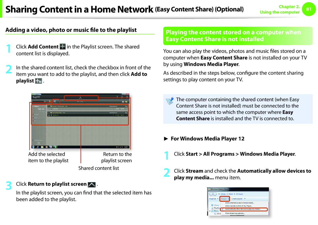 Samsung NP-Q330-JS01ES manual Adding a video, photo or music file to the playlist, For Windows Media Player, Playlist 