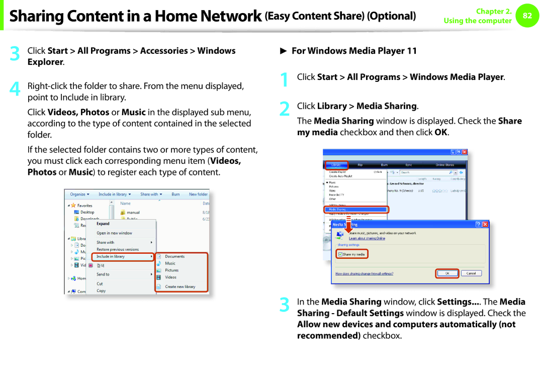 Samsung NP-Q530-JS01ES, NP-Q330-JS01DE manual Explorer, Click Library Media Sharing, My media checkbox and then click OK 