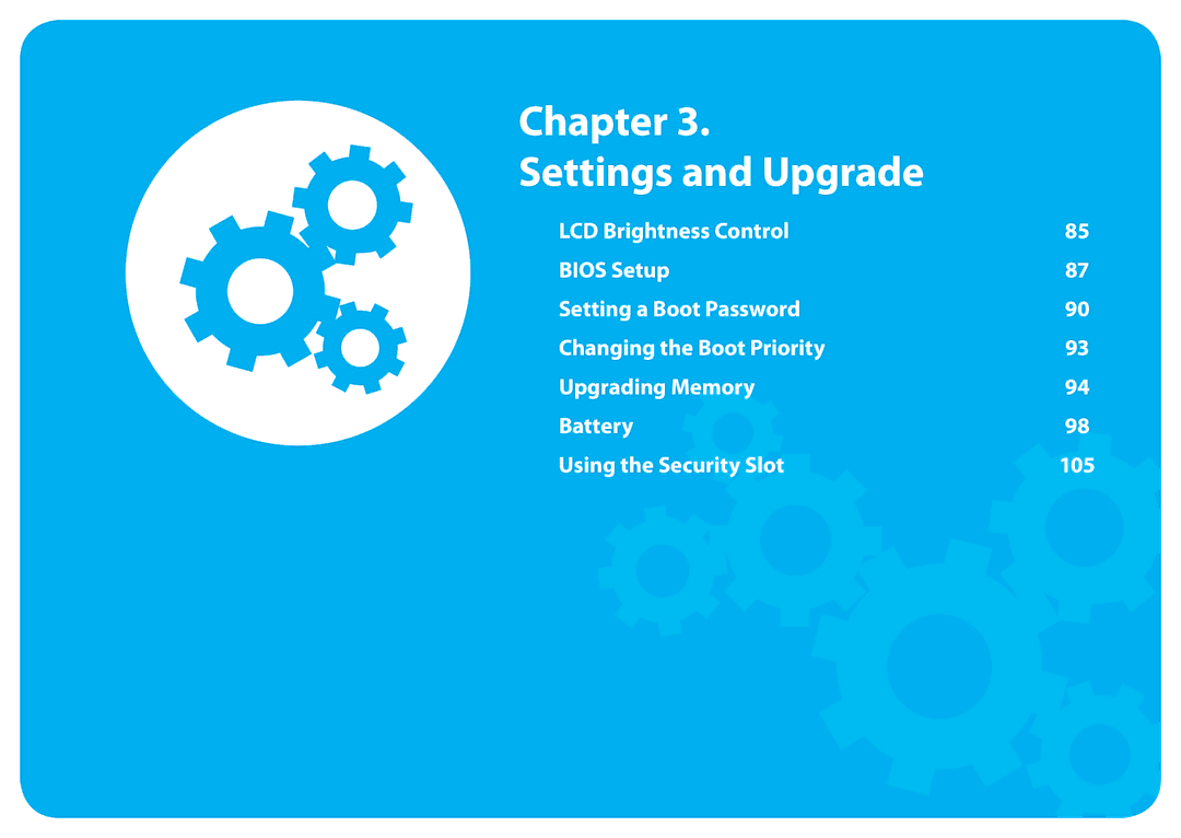 Samsung NP-Q430-JS01SA, NP-Q330-JS01DE, NP-Q330-JS04DE, NP-Q330-JS01AT, NP-Q330-JS03DE manual Chapter Settings and Upgrade 