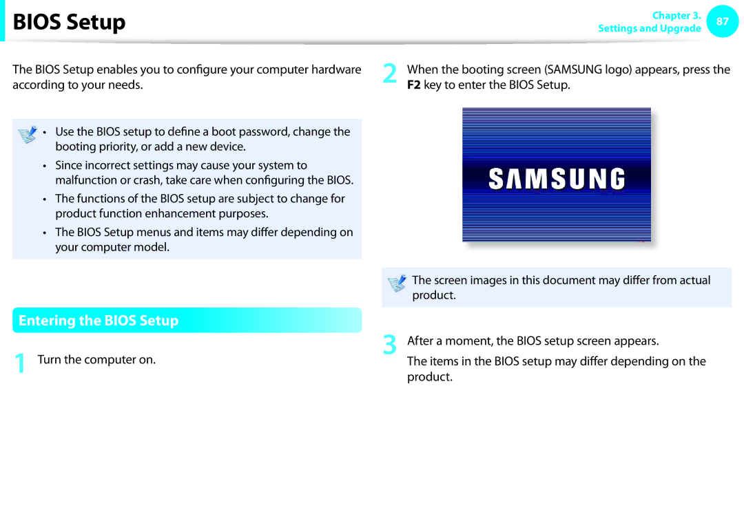 Samsung NP-Q330-JS06CZ, NP-Q330-JS01DE, NP-Q330-JS04DE manual Entering the Bios Setup, Turn the computer on, Product 