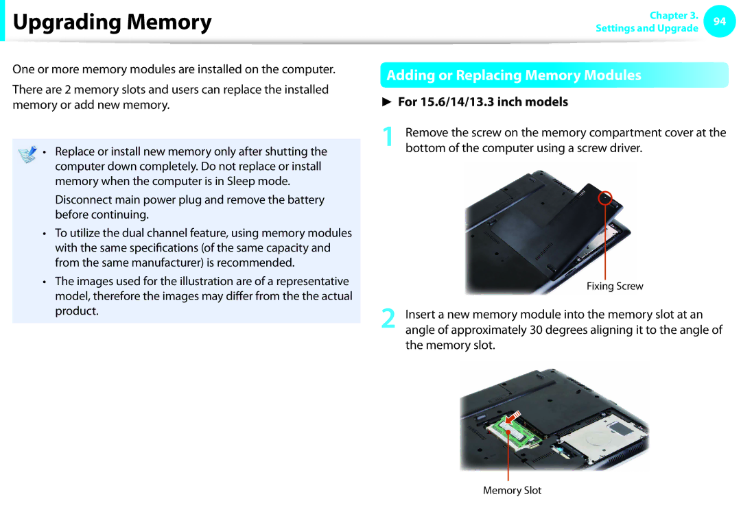 Samsung NP-Q530-JS04CZ, NP-Q330-JS01DE, NP-Q330-JS04DE, NP-Q330-JS01AT Upgrading Memory, Adding or Replacing Memory Modules 