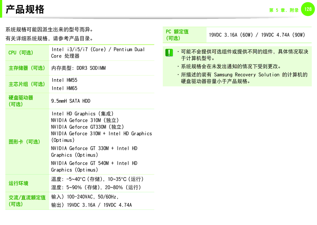 Samsung NP-Q330-JS06SE, NP-Q330-JS03HU, NP-Q330-JS07CZ, NP-Q530-JT01CZ manual 产品规格, 系统规格可能因派生出来的型号而异。, 有关详细系统规格，请参考产品目录。 