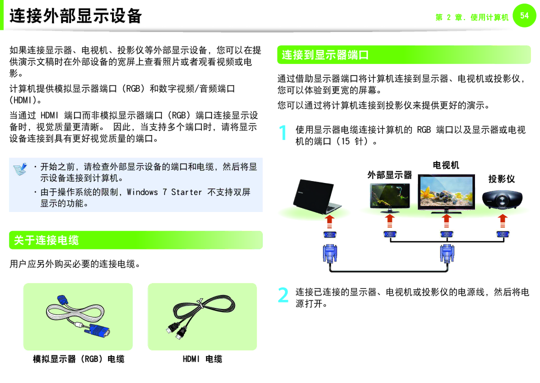 Samsung NP-Q330-JS07CZ, NP-Q330-JS03HU, NP-Q530-JT01CZ manual 连接外部显示设备, 连接到显示器端口, 关于连接电缆, 计算机提供模拟显示器端口 Rgb 和数字视频/音频端口 Hdmi。 