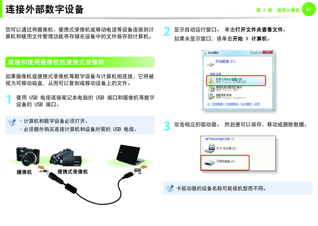 Samsung NP-Q530-JS02PL 连接外部数字设备, 连接和使用摄像机或便携式录像机, 使用 Usb 电缆连接笔记本电脑的 Usb 端口和摄像机等数字 设备的 Usb 端口。, 双击相应的驱动器。 然后便可以保存、移动或删除数据。 