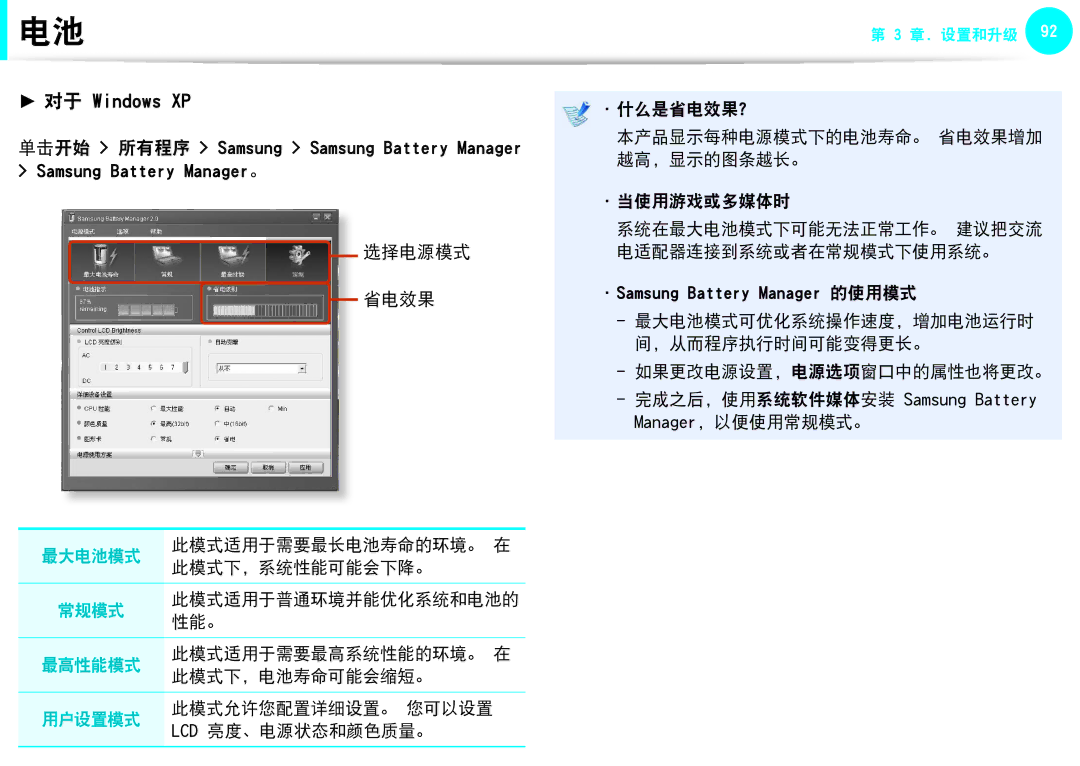 Samsung NP-Q330-JS06SE, NP-Q330-JS03HU, NP-Q330-JS07CZ, NP-Q530-JT01CZ, NP-Q330-JS02SE, NP-Q330-JS04SE manual 选择电源模式 省电效果 