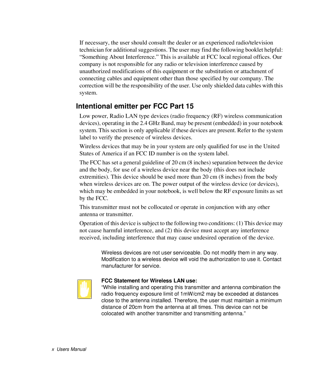 Samsung NP-Q35BC01/SEK, NP-Q35-BT1/SEK, NP-Q35C000/SEB Intentional emitter per FCC Part, FCC Statement for Wireless LAN use 