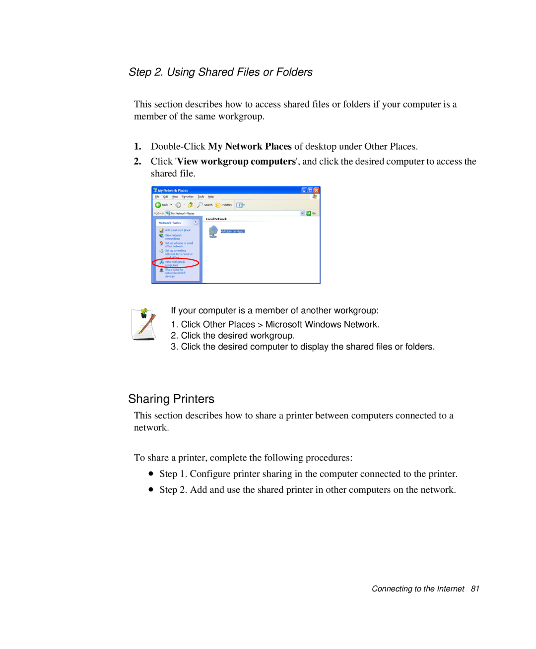 Samsung NP-Q35BC01/SEK Sharing Printers, Using Shared Files or Folders, If your computer is a member of another workgroup 