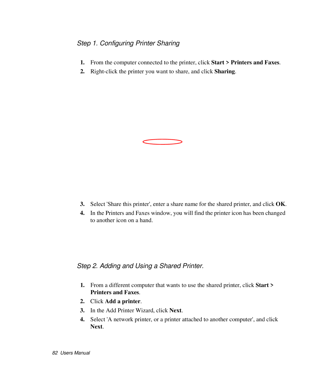 Samsung NP-Q35C000/SEB, NP-Q35-BT1/SEK Configuring Printer Sharing, Adding and Using a Shared Printer, Click Add a printer 