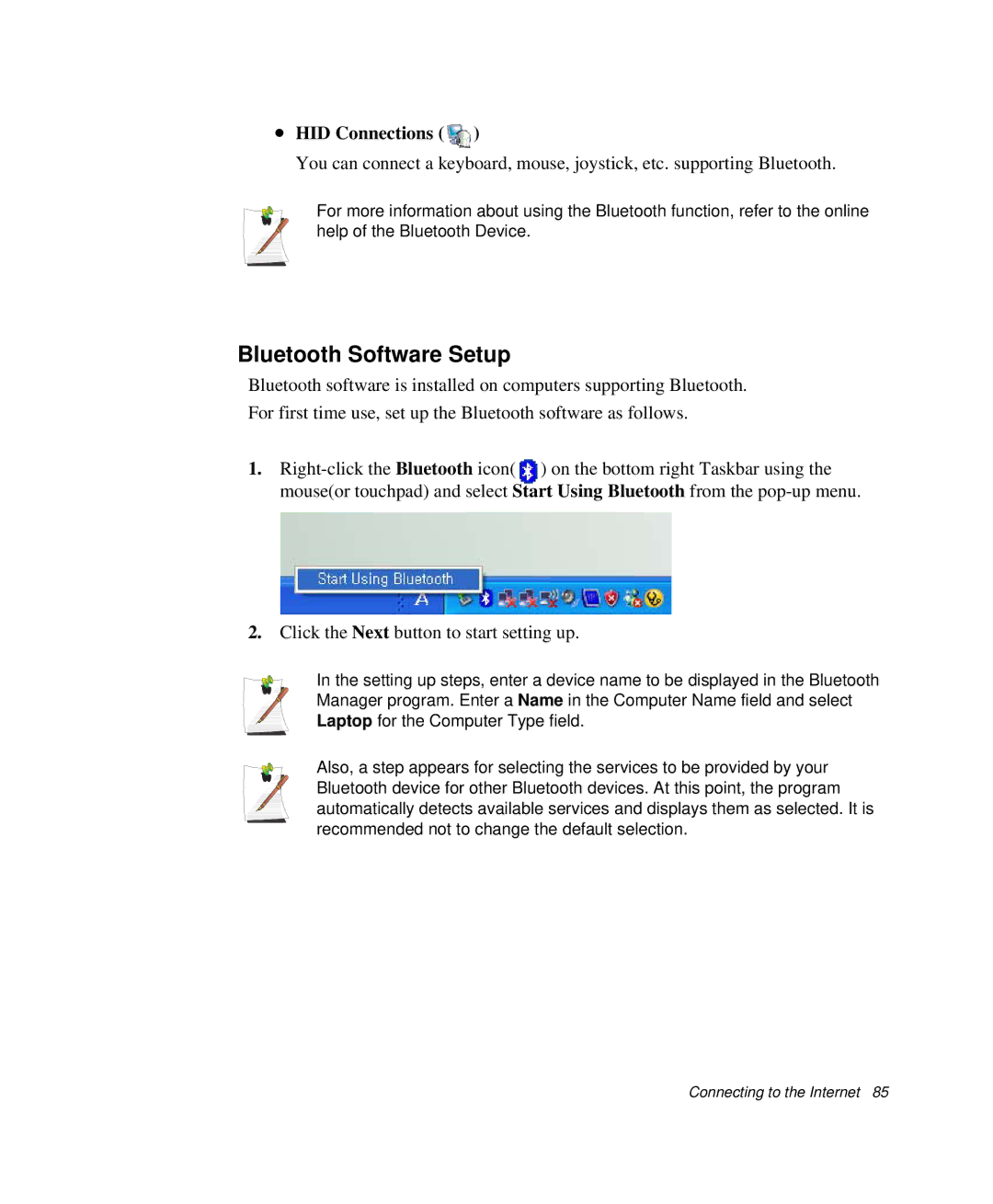 Samsung NP-Q35C000/SEB, NP-Q35-BT1/SEK, NP-Q35BC01/SEK manual Bluetooth Software Setup, HID Connections 