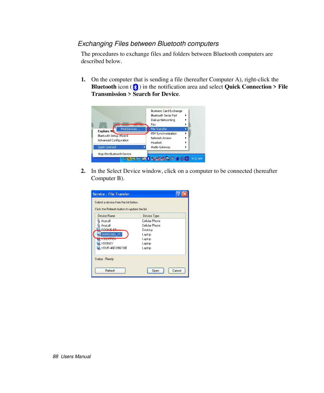 Samsung NP-Q35C000/SEB, NP-Q35-BT1/SEK, NP-Q35BC01/SEK manual Exchanging Files between Bluetooth computers 