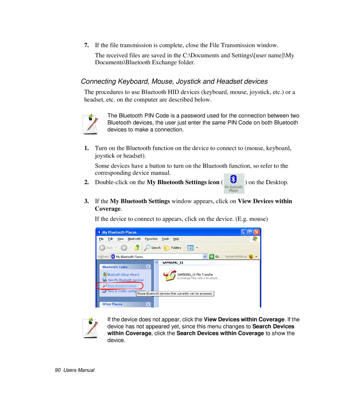 Samsung NP-Q35BC01/SEK, NP-Q35-BT1/SEK, NP-Q35C000/SEB manual Connecting Keyboard, Mouse, Joystick and Headset devices 