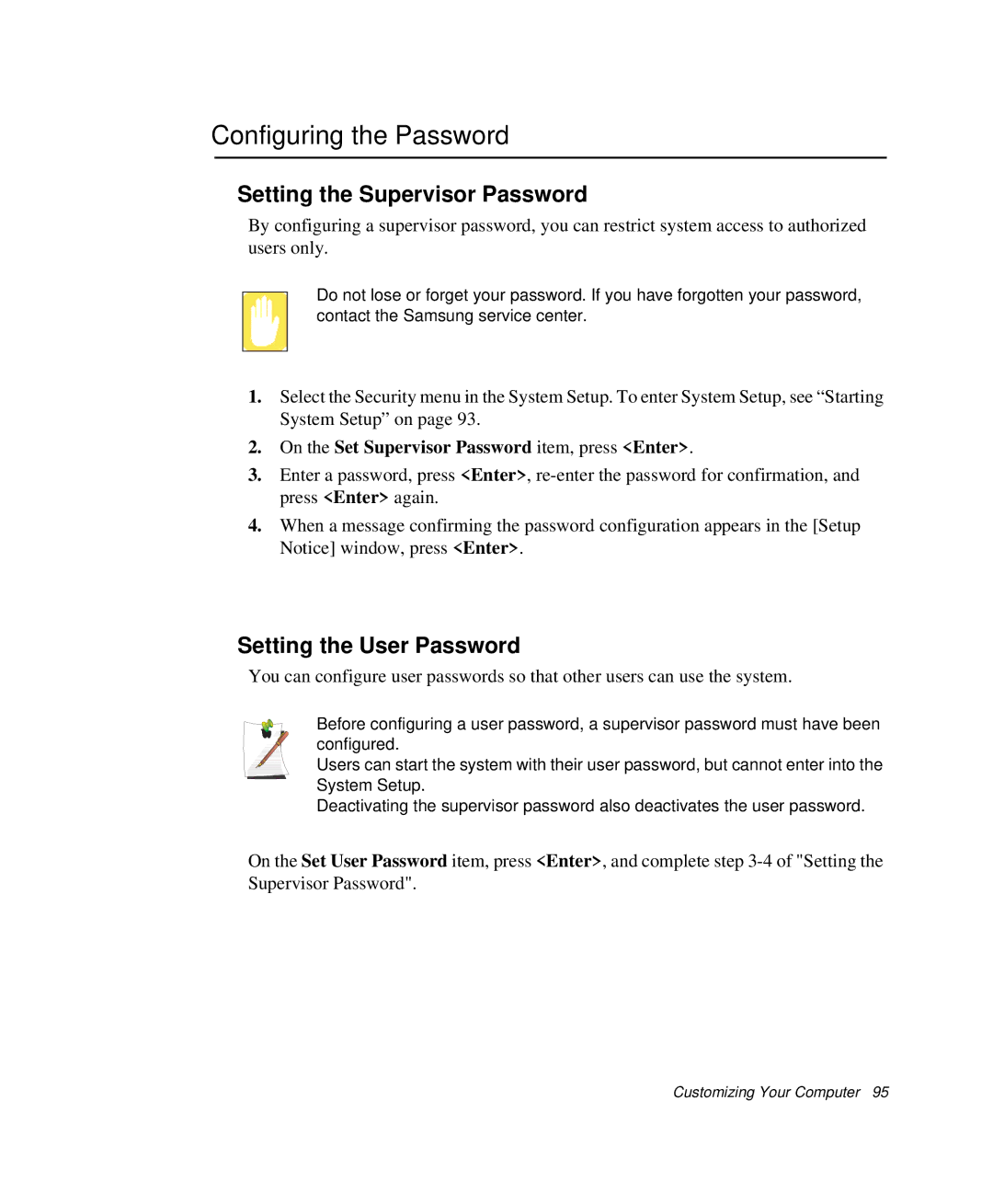 Samsung NP-Q35-BT1/SEK manual Configuring the Password, Setting the Supervisor Password, Setting the User Password 