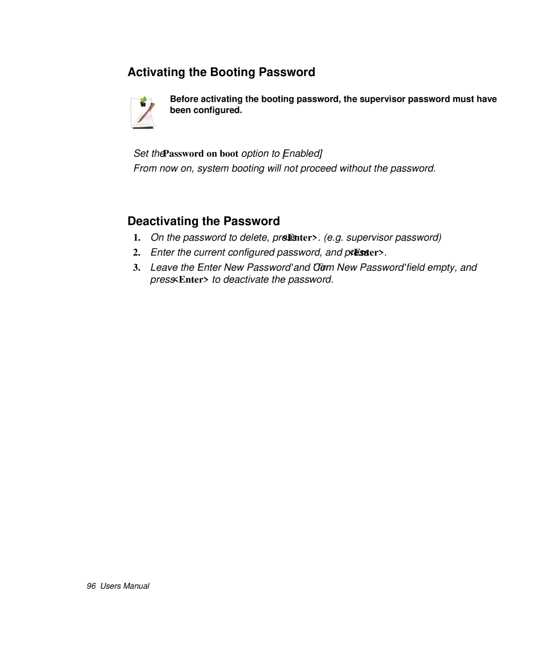 Samsung NP-Q35BC01/SEK, NP-Q35-BT1/SEK, NP-Q35C000/SEB manual Activating the Booting Password, Deactivating the Password 