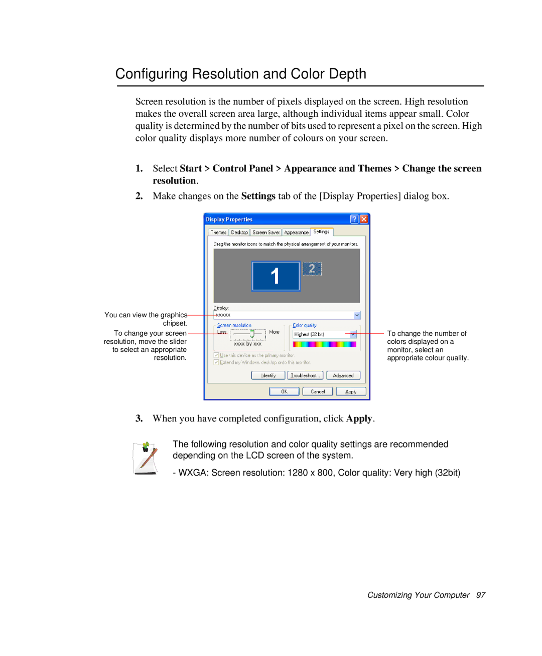 Samsung NP-Q35C000/SEB manual Configuring Resolution and Color Depth, When you have completed configuration, click Apply 