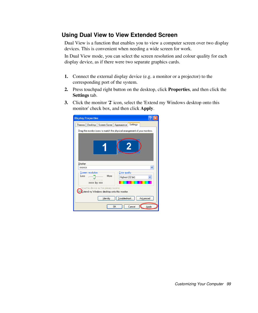 Samsung NP-Q35BC01/SEK, NP-Q35-BT1/SEK, NP-Q35C000/SEB manual Using Dual View to View Extended Screen 