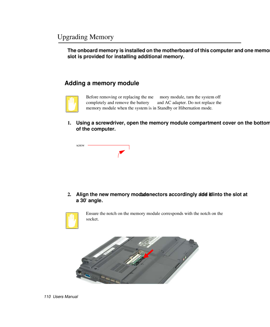 Samsung NP-Q35-BT1/SEK, NP-Q35BC01/SEK, NP-Q35C000/SEB manual Upgrading Memory, Adding a memory module 