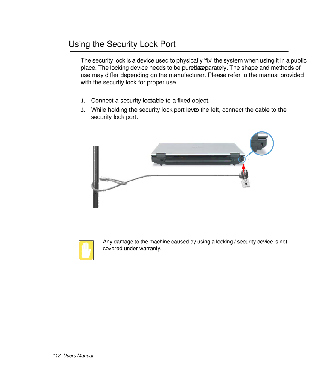 Samsung NP-Q35C000/SEB, NP-Q35-BT1/SEK, NP-Q35BC01/SEK manual Using the Security Lock Port 