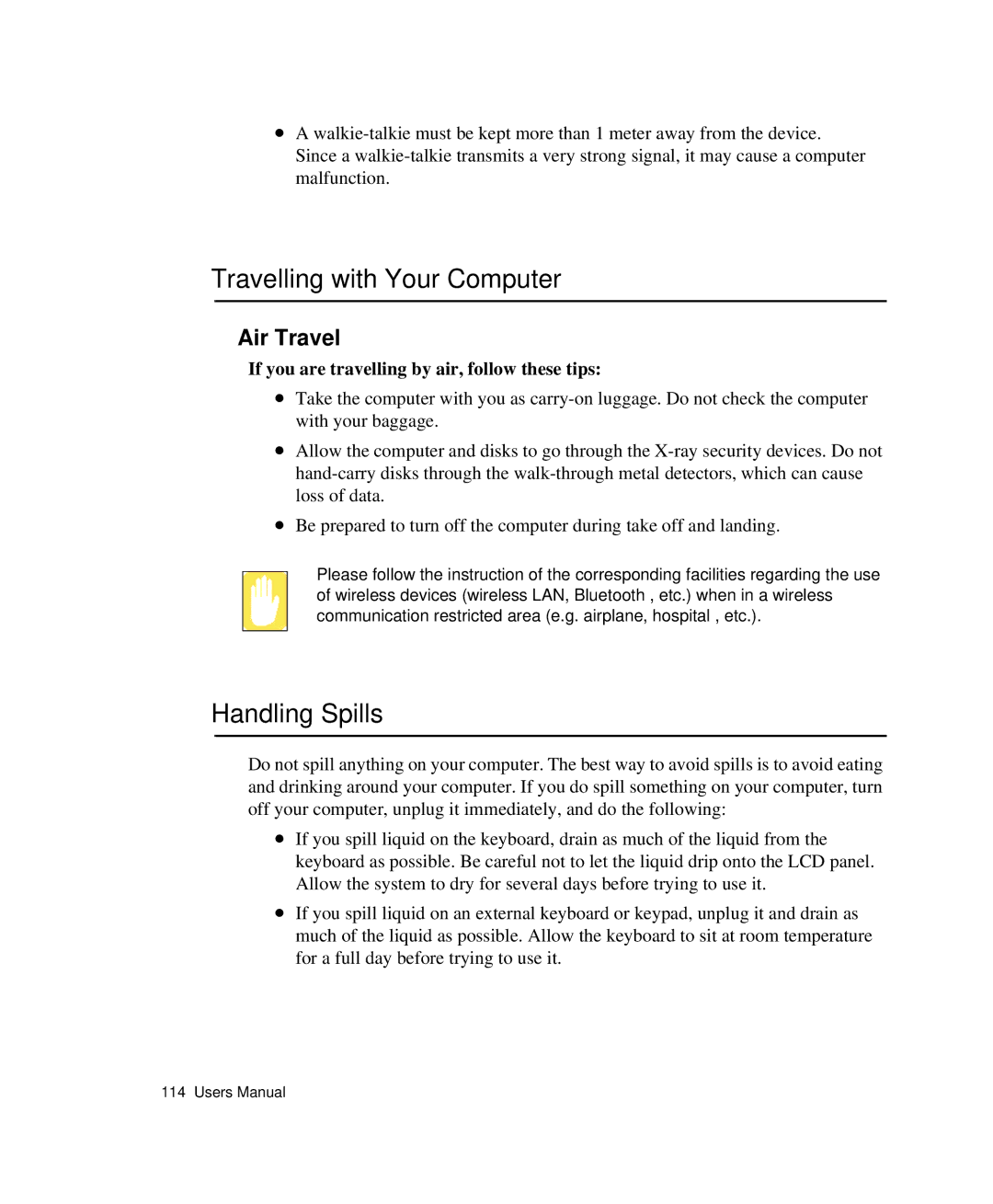 Samsung NP-Q35BC01/SEK, NP-Q35-BT1/SEK, NP-Q35C000/SEB manual Travelling with Your Computer, Handling Spills, Air Travel 