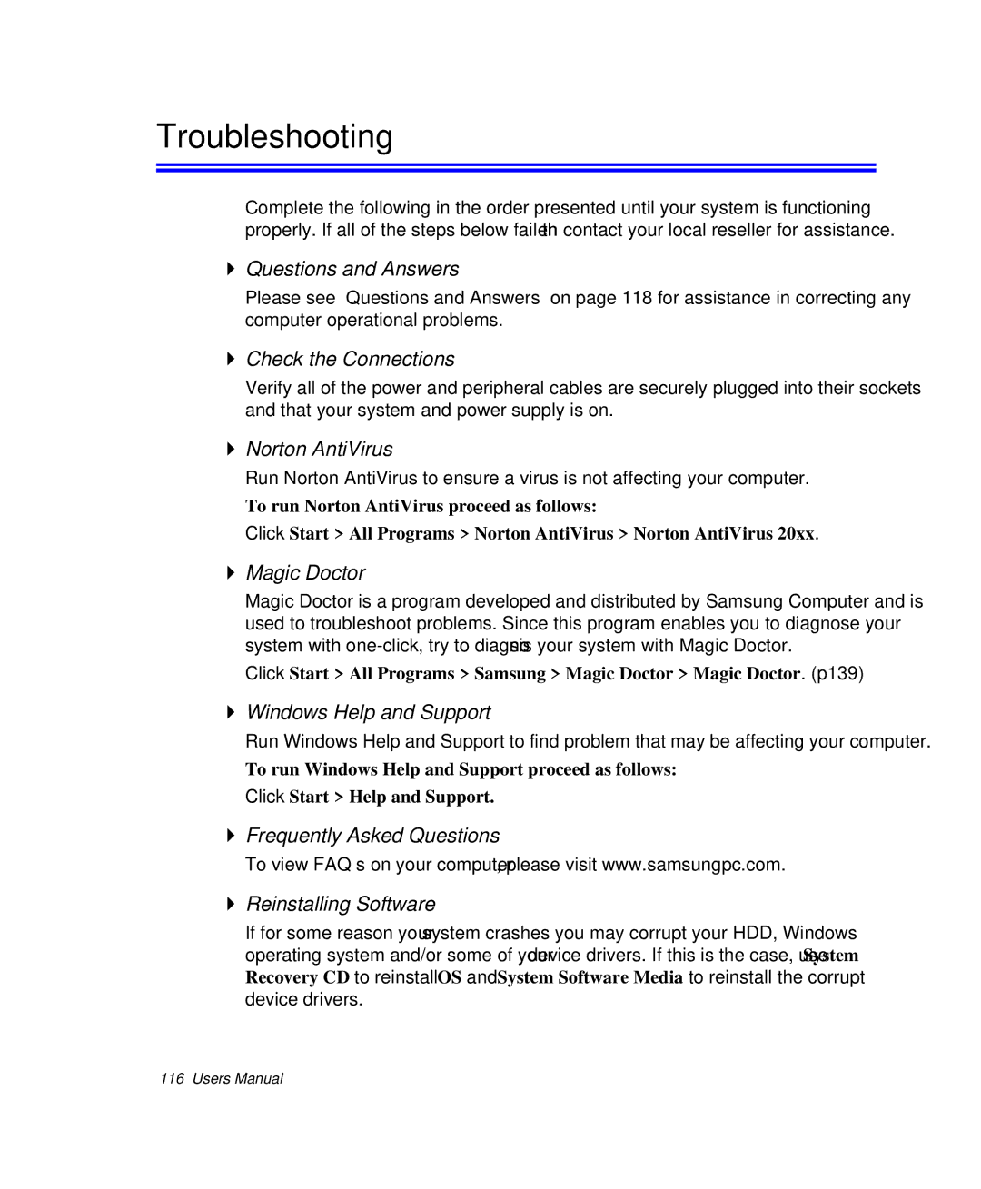 Samsung NP-Q35-BT1/SEK, NP-Q35BC01/SEK manual Questions and Answers, Check the Connections, Norton AntiVirus, Magic Doctor 