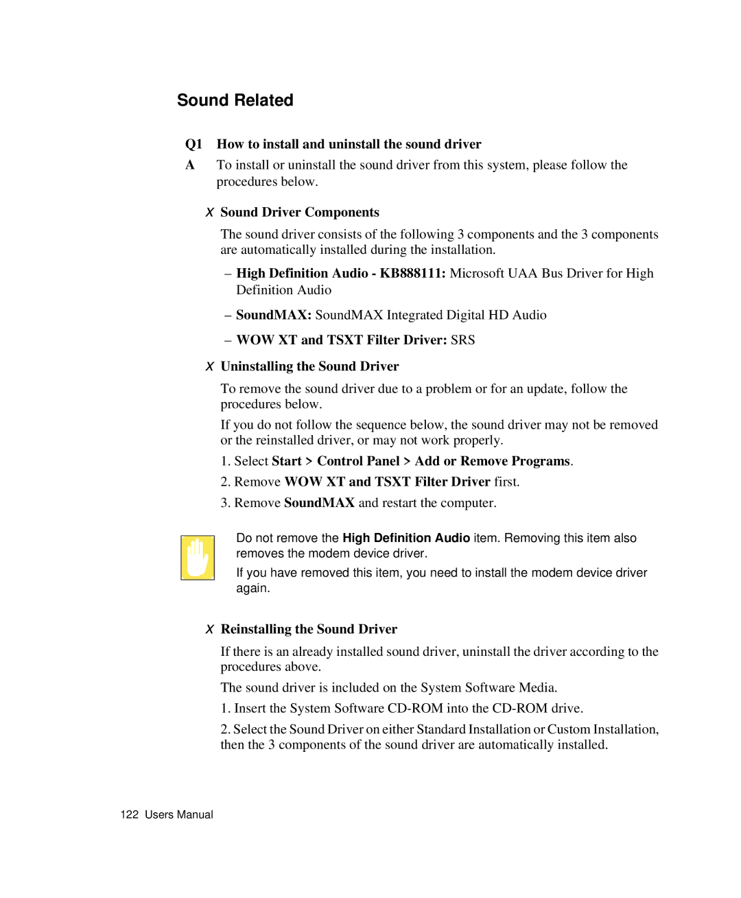 Samsung NP-Q35-BT1/SEK manual Sound Related, Q1 How to install and uninstall the sound driver, Sound Driver Components 