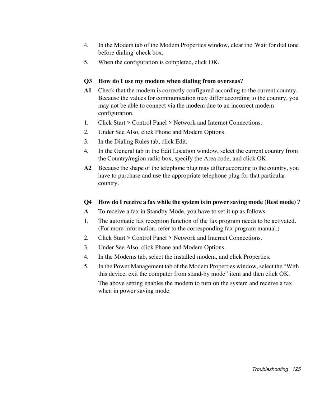 Samsung NP-Q35-BT1/SEK, NP-Q35BC01/SEK, NP-Q35C000/SEB manual Q3 How do I use my modem when dialing from overseas? 