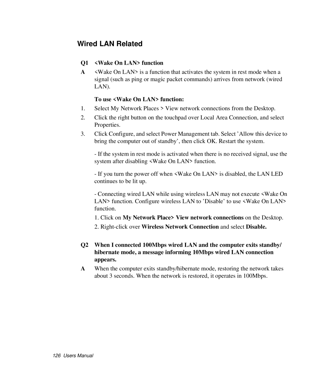 Samsung NP-Q35BC01/SEK, NP-Q35-BT1/SEK manual Wired LAN Related, Q1 Wake On LAN function, To use Wake On LAN function 