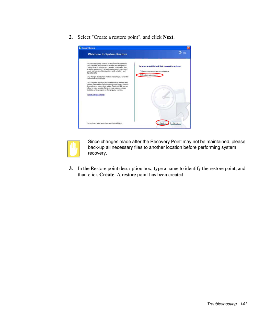 Samsung NP-Q35BC01/SEK, NP-Q35-BT1/SEK, NP-Q35C000/SEB manual Select Create a restore point, and click Next 