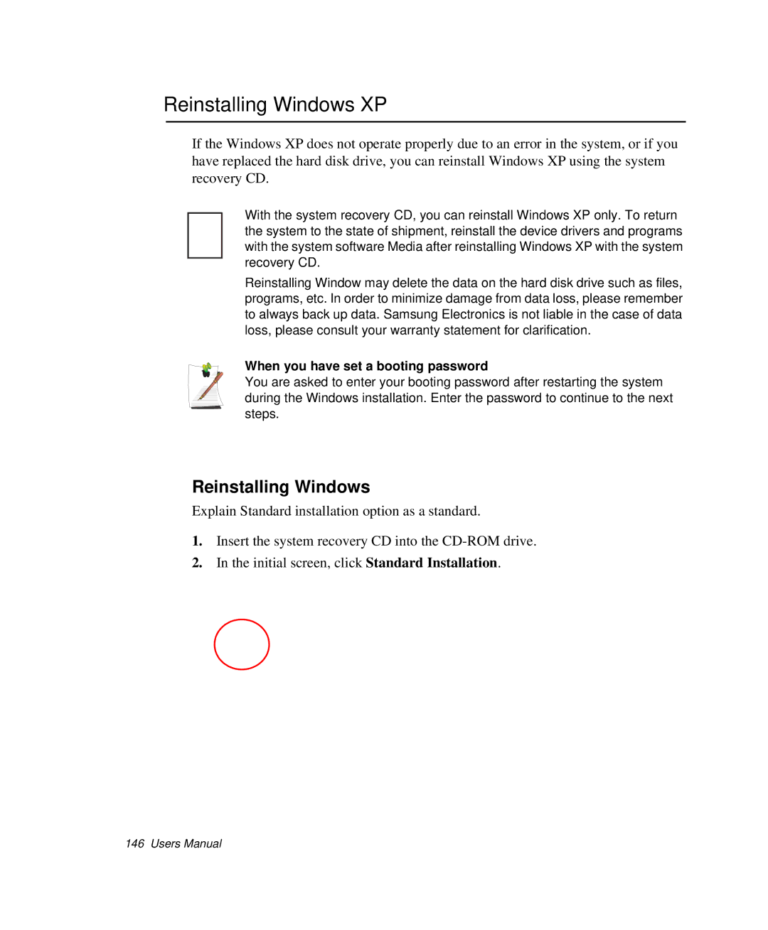 Samsung NP-Q35-BT1/SEK, NP-Q35BC01/SEK, NP-Q35C000/SEB manual Reinstalling Windows XP, When you have set a booting password 